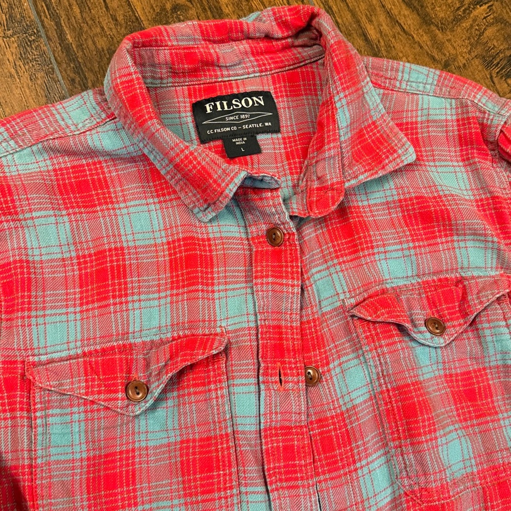 Filson Seattle Button Down Flannel Shirt red & blue Sz Large (Q1) - Picture 2 of 7